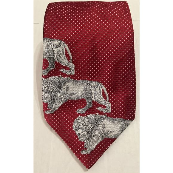 Vtg 70s Allesandro Mens Tie Lions Head Red Microdot Polyester 4.5” Wide Necktie - Picture 2 of 7